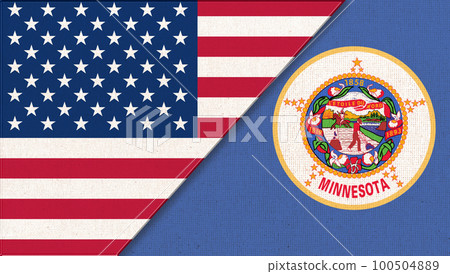 Flags of USA and Minnesota. Political concept. Two flags on fabric surface 100504889
