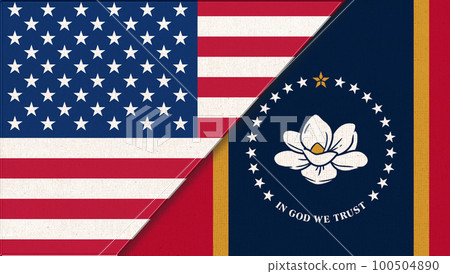 Flags of USA and Mississippi. Political concept. Two flags on fabric surface 100504890