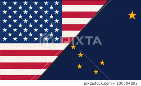 Flags of USA and Alaska. Political concept. Two flags on fabric surface 100504892