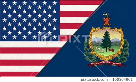 Flags of USA and Vermont. Political concept. Double flag 3d illustration 100504901