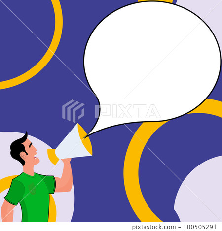 Man holding megaphone in hand and presenting important information. Big white dialog box with main message on bright background. Color vector illustration. 100505291