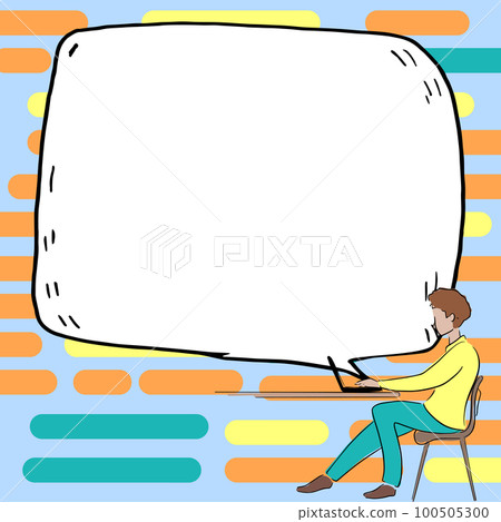 Man sitting at the table with laptop. Big white speech bubble for text overhead. Empty Dialog box on bright colored background. Vector drawing illustration. Man sitting at the table with laptop. Big white speech bubble for text overhead. Empty Dialog box on bright colored background. Vector drawing illustration. 100505300