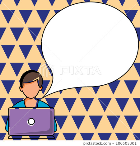 Man sitting at the table with laptop. Big white speech bubble for text overhead. Empty Dialog box on bright colored background. Vector drawing illustration. Man sitting at the table with laptop. Big white speech bubble for text overhead. Empty Dialog box on bright colored background. Vector drawing illustration. 100505301