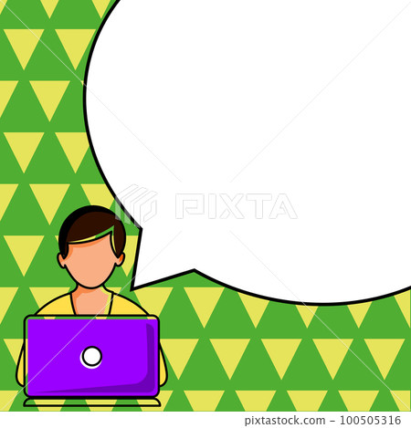 Man sitting at the table with laptop. Big white speech bubble for text overhead. Empty Dialog box on bright colored background. Vector drawing illustration. Man sitting at the table with laptop. Big white speech bubble for text overhead. Empty Dialog box on bright colored background. Vector drawing illustration. 100505316
