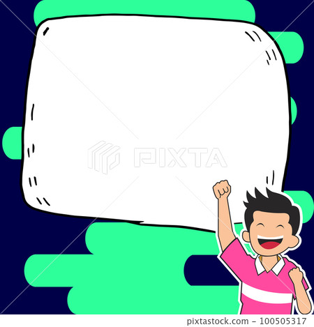 Young happy boy presenting important information and brand new agenda. Big white speech bubble for text on bright colored background. Vector drawing illustration. 100505317