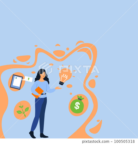 Woman holding color bulb in her hand. Bright colored vector illustration. Yung Girl presents main important information. Empty space for advertising. Woman holding color bulb in her hand. Bright colored vector illustration. Yung Girl presents main important information. Empty space for advertising. 100505318