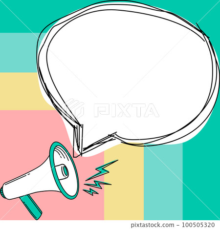 Megaphone presenting important information and brand new agenda. Big white speech bubble for text on bright colored background. Vector drawing illustration. 100505320