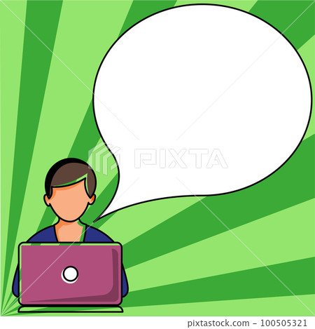 Man sitting at the table with laptop. Big white speech bubble for text overhead. Empty Dialog box on bright colored background. Vector drawing illustration. 100505321