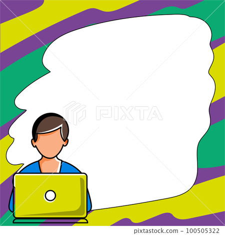 Man sitting at the table with laptop. Big white speech bubble for text overhead. Empty Dialog box on bright colored background. Vector drawing illustration. Man sitting at the table with laptop. Big white speech bubble for text overhead. Empty Dialog box on bright colored background. Vector drawing illustration. 100505322
