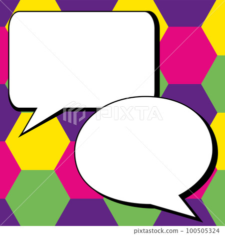 Two big white empty speech bubbles for text. Square and oval dialog boxes on bright colored background. Comic funny style cartoon. Vector illustration. Two big white empty speech bubbles for text. Square and oval dialog boxes on bright colored background. Comic funny style cartoon. Vector illustration. 100505324