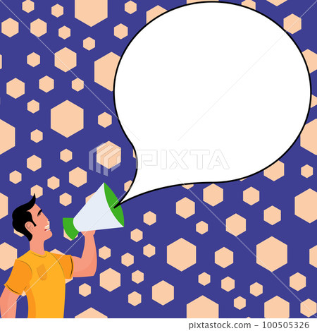 Man holding megaphone in hand and presenting important information. Big white dialog box with main message on bright background. Color vector illustration. 100505326