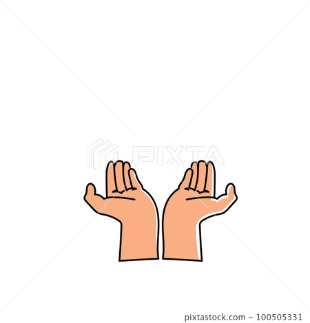 Two Hands holding object. Finger pointing up and down. Handshake. Single main vector illustration on white background. Bright color cartoon for combine. Two Hands holding object. Finger pointing up and down. Handshake. Single main vector illustration on white background. Bright color cartoon for combine. 100505331