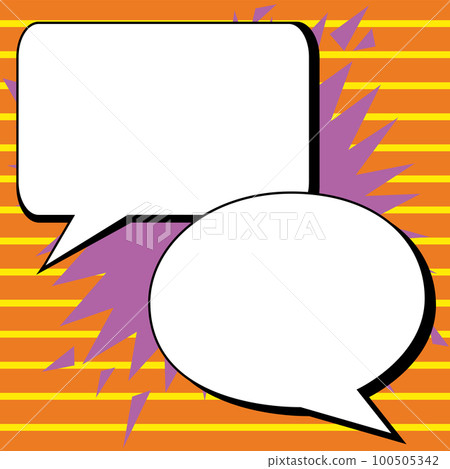 Two big white empty speech bubbles for text. Square and oval dialog boxes on bright colored background. Comic funny style cartoon. Vector illustration. Two big white empty speech bubbles for text. Square and oval dialog boxes on bright colored background. Comic funny style cartoon. Vector illustration. 100505342