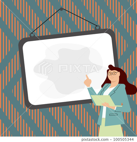 Woman in office uniform standing near school whiteboard presenting important information. Empty space for text. White speech bubble on bright colored background. Woman in office uniform standing near school whiteboard presenting important information. Empty space for text. White speech bubble on bright colored background. 100505344