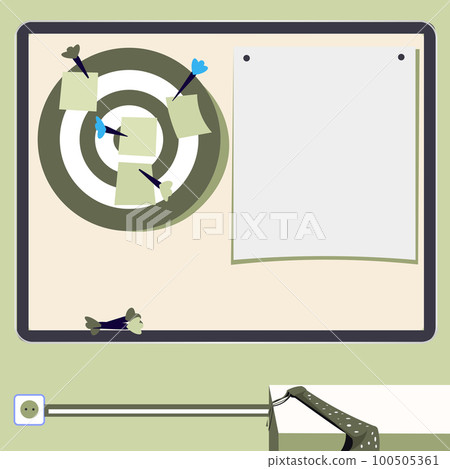 Vector illustration with school whiteboard. Papers contain brand new important information and agenda. Bright colored background. Dartboard hanging on the wall. Vector illustration with school whiteboard. Papers contain brand new important information and agenda. Bright colored background. Dartboard hanging on the wall. 100505361