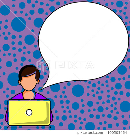 Man sitting at the table with laptop. Big white speech bubble for text overhead. Empty Dialog box on bright colored background. Vector drawing illustration. Man sitting at the table with laptop. Big white speech bubble for text overhead. Empty Dialog box on bright colored background. Vector drawing illustration. 100505464