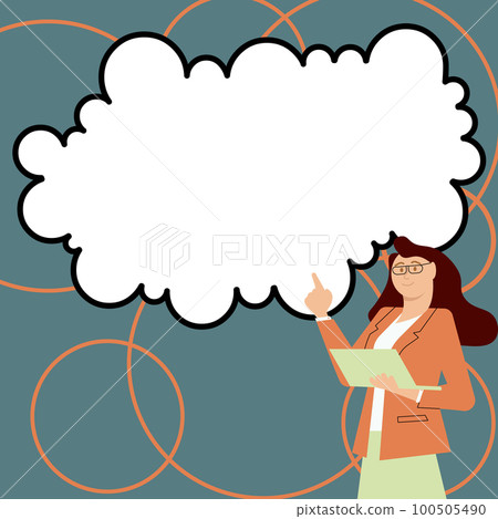 Woman in office uniform standing near school whiteboard presenting important information. Empty space for text. White speech bubble on bright colored background. Woman in office uniform standing near school whiteboard presenting important information. Empty space for text. White speech bubble on bright colored background. 100505490