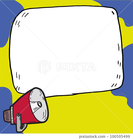 Megaphone presenting important information and brand new agenda. Big white speech bubble for text on bright colored background. Vector drawing illustration. Megaphone presenting important information and brand new agenda. Big white speech bubble for text on bright colored background. Vector drawing illustration. 100505499