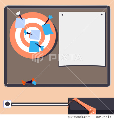 Vector illustration with school whiteboard. Papers contain brand new important information and agenda. Bright colored background. Dartboard hanging on the wall. Vector illustration with school whiteboard. Papers contain brand new important information and agenda. Bright colored background. Dartboard hanging on the wall. 100505513