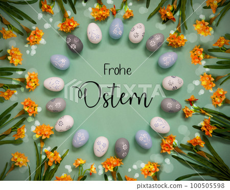 Easter Egg Decoration, Spring Flowers, Text Frohe Ostern Means Happy Easter 100505598