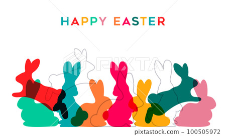 Happy easter diverse rabbits silhouette in transparent colors card illustration Happy easter diverse rabbits silhouette in transparent colors card illustration 100505972