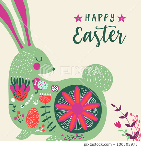 Happy easter greeting card in cute rabbit cartoon in folk boho art illustration Happy easter greeting card in cute rabbit cartoon in folk boho art illustration 100505973