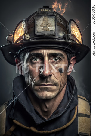 Firefighter face portrait, fireman looks at... - Stock Illustration ...