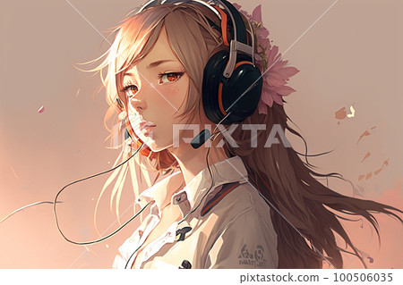 Anime girl with headphones listens music, portrait of teenager, illustration, generative AI. 100506035