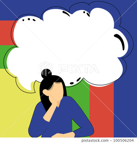 Bright color vector illustration. Girl sitting at the table and thinking about current news. Big white speech bubble presenting important information. Bright color vector illustration. Girl sitting at the table and thinking about current news. Big white speech bubble presenting important information. 100506204
