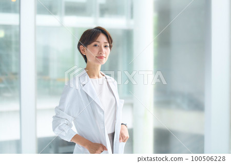 Smiling female doctor in a white coat at the hospital 100506228
