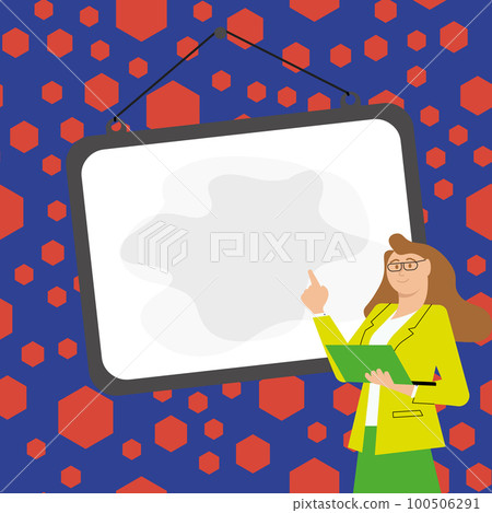 Woman in office uniform standing near school whiteboard presenting important information. Empty space for text. White speech bubble on bright colored background. 100506291