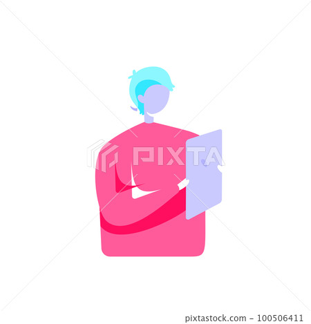 Person holding mobile phone. Important message on the screen. Cellphone with applications in hand. Finger pressing button. Bright color vector image. Single object. 100506411