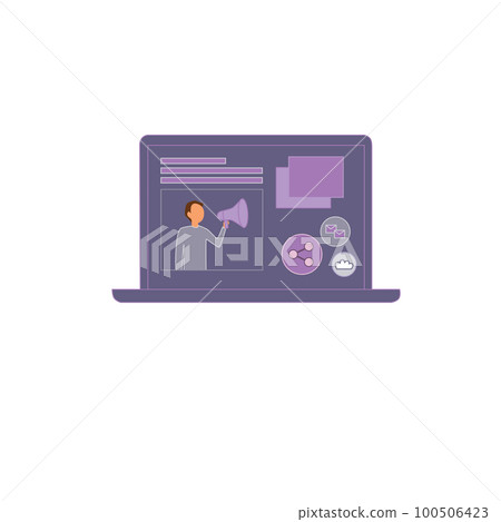 Laptop with important information on the screen. Man typing main message. People whatching on monitor. Single bright colored object on white background. Laptop with important information on the screen. Man typing main message. People whatching on monitor. Single bright colored object on white background. 100506423