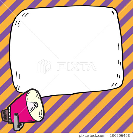 Megaphone presenting important information and brand new agenda. Big white speech bubble for text on bright colored background. Vector drawing illustration. Megaphone presenting important information and brand new agenda. Big white speech bubble for text on bright colored background. Vector drawing illustration. 100506468