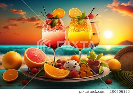 Summer holiday background with cocktail glasses on tropical beach sunset background, generative ai 100506533