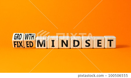 Growth or fixed mindset symbol. Concept words Growth mindset and Fixed mindset on wooden cubes. Beautiful orange table orange background. Business growth or fixed mindset concept. Copy space. Growth or fixed mindset symbol. Concept words Growth mindset and Fixed mindset on wooden cubes. Beautiful orange table orange background. Business growth or fixed mindset concept. Copy space. 100506555