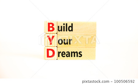 BYD build your dreams symbol. Concept words BYD build your dreams on wooden blocks on a beautiful white table white background. Business and BYD build your dreams concept. Copy space. BYD build your dreams symbol. Concept words BYD build your dreams on wooden blocks on a beautiful white table white background. Business and BYD build your dreams concept. Copy space. 100506592