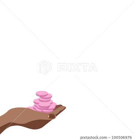 Single vector main object without background. Money and coins. Bag with banknotes and change. Colored bright image. Hand holding a lot of cash. 100506976