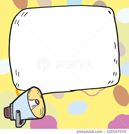 Megaphone presenting important information and brand new agenda. Big white speech bubble for text on bright colored background. Vector drawing illustration. Megaphone presenting important information and brand new agenda. Big white speech bubble for text on bright colored background. Vector drawing illustration. 100507034