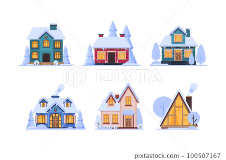 Country House in Winter Season with Chimney and Roof Covered with White Snow Vector Set Country House in Winter Season with Chimney and Roof Covered with White Snow Vector Set 100507167