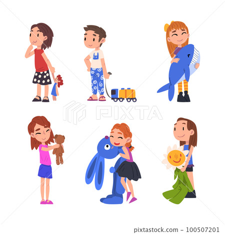 Little Boy and Girl Holding Favorite Toy Vector Set 100507201