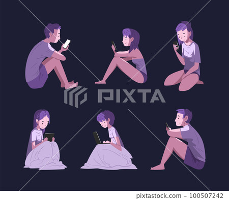 Man and Woman Character Using Digital Gadget at Night Sitting in the Dark Vector Set 100507242