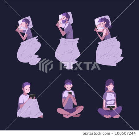 Man and Woman Character Using Digital Gadget at Night Sitting in the Dark Vector Set Man and Woman Character Using Digital Gadget at Night Sitting in the Dark Vector Set 100507244