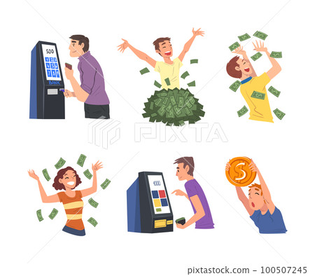 Rich and Wealthy Man and Woman Character with Dollar Banknotes Vector Set Rich and Wealthy Man and Woman Character with Dollar Banknotes Vector Set 100507245