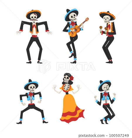 Mexican Skeleton in Sombrero Hat Playing Musical Instrument and Dancing Vector Set Mexican Skeleton in Sombrero Hat Playing Musical Instrument and Dancing Vector Set 100507249