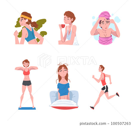 Young Man and Woman Engaged in Daily Routine Activity Vector Set 100507263