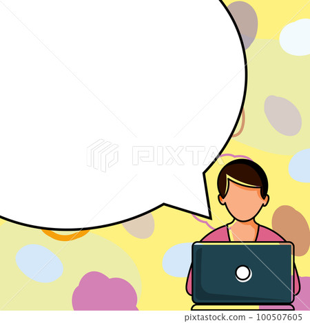 Man sitting at the table with laptop. Big white speech bubble for text overhead. Empty Dialog box on bright colored background. Vector drawing illustration. 100507605