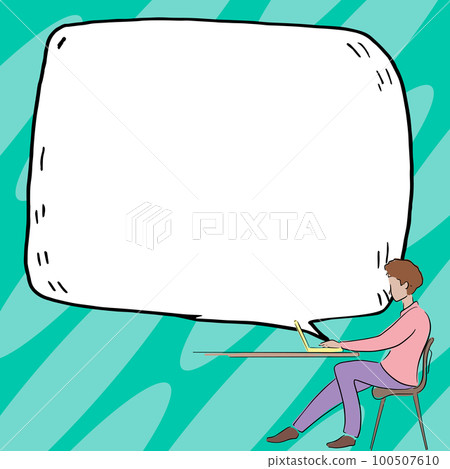 Man sitting at the table with laptop. Big white speech bubble for text overhead. Empty Dialog box on bright colored background. Vector drawing illustration. 100507610