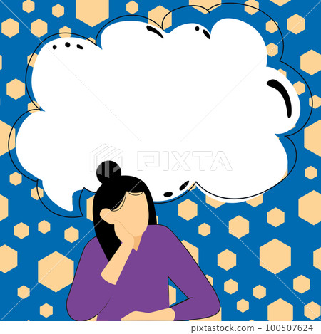 Bright color vector illustration. Girl sitting at the table and thinking about current news. Big white speech bubble presenting important information. Bright color vector illustration. Girl sitting at the table and thinking about current news. Big white speech bubble presenting important information. 100507624