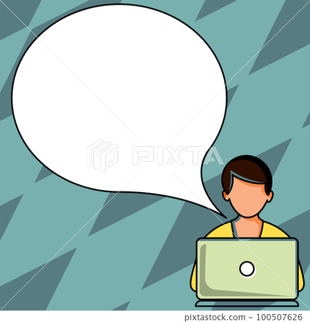 Man sitting at the table with laptop. Big white speech bubble for text overhead. Empty Dialog box on bright colored background. Vector drawing illustration. Man sitting at the table with laptop. Big white speech bubble for text overhead. Empty Dialog box on bright colored background. Vector drawing illustration. 100507626